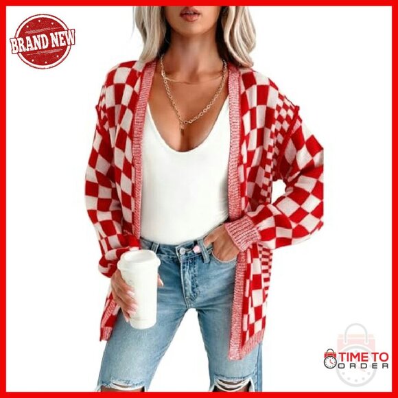 Chunky Knit Cardigan Open Front Plaid Sweater Fall Casual Outwear - Picture 2 of 3